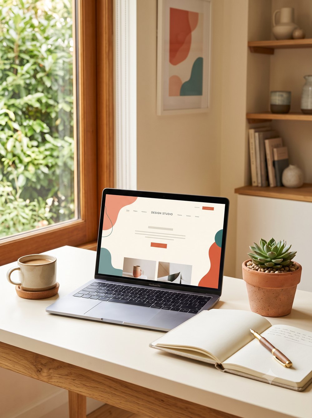 A warm home-office desk with a clean website open on a laptop