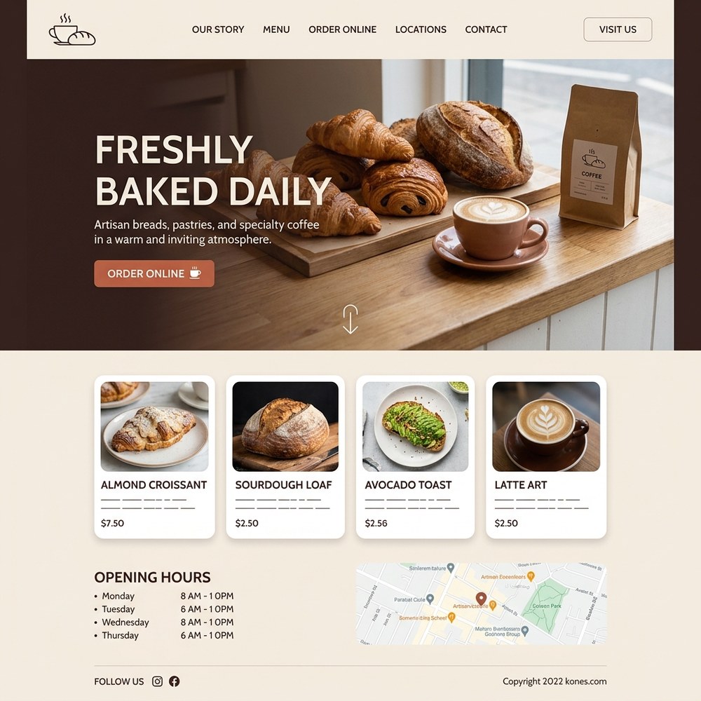 Example website design for a caf&eacute; and bakery
